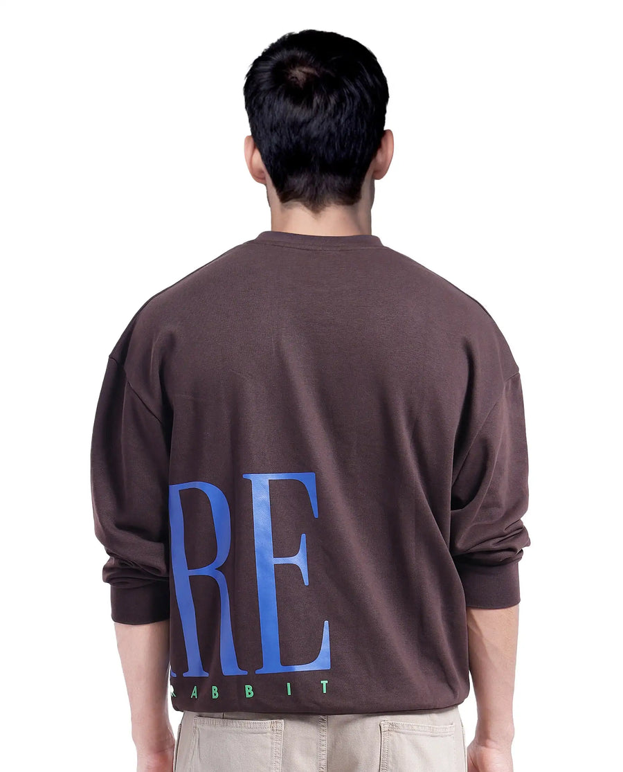 Rare Rabbit Men's Kacey Dark Brown Cotton Graphic Print Oversized Fit Full Sleeve Crew Neck Sweatshirt