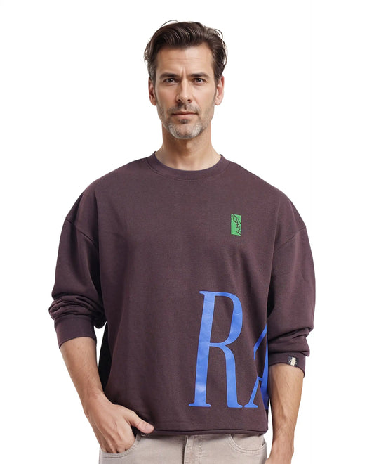 Rare Rabbit Men's Kacey Dark Brown Cotton Graphic Print Oversized Fit Full Sleeve Crew Neck Sweatshirt