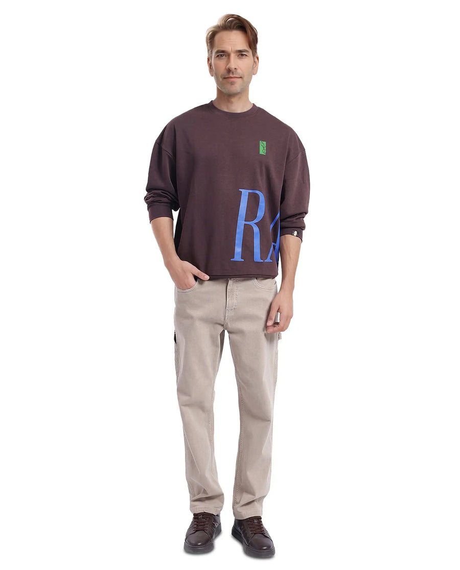 Rare Rabbit Men's Kacey Dark Brown Cotton Graphic Print Oversized Fit Full Sleeve Crew Neck Sweatshirt