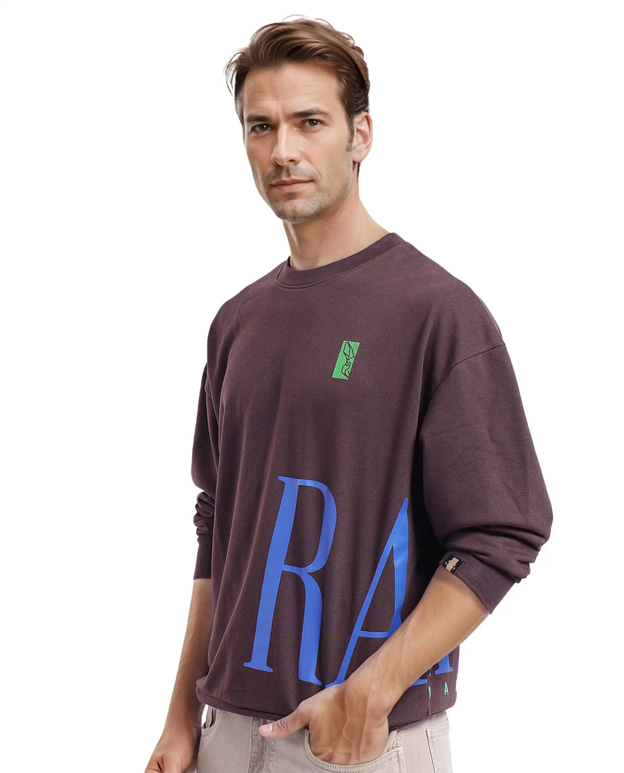 Rare Rabbit Men's Kacey Dark Brown Cotton Graphic Print Oversized Fit Full Sleeve Crew Neck Sweatshirt