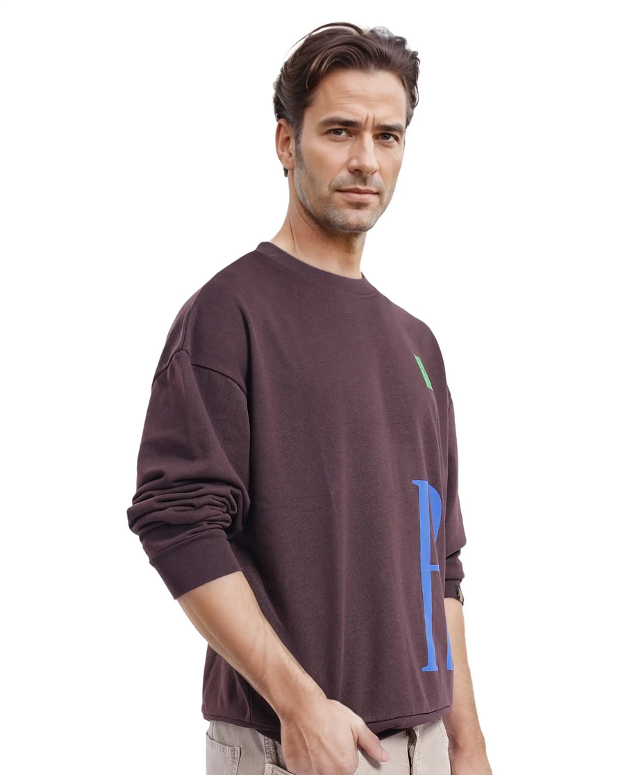Rare Rabbit Men's Kacey Dark Brown Cotton Graphic Print Oversized Fit Full Sleeve Crew Neck Sweatshirt