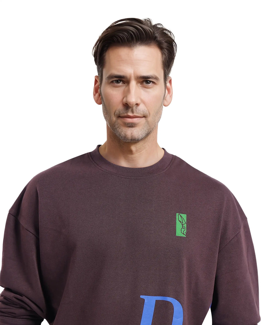 Rare Rabbit Men's Kacey Dark Brown Cotton Graphic Print Oversized Fit Full Sleeve Crew Neck Sweatshirt