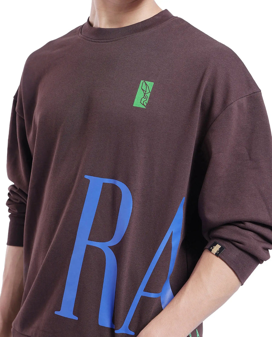 Rare Rabbit Men's Kacey Dark Brown Cotton Graphic Print Oversized Fit Full Sleeve Crew Neck Sweatshirt