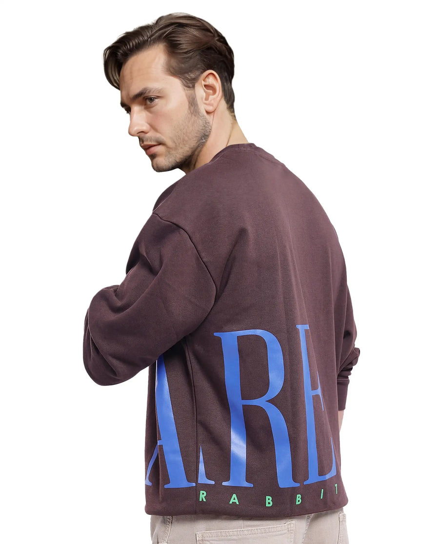Rare Rabbit Men's Kacey Dark Brown Cotton Graphic Print Oversized Fit Full Sleeve Crew Neck Sweatshirt