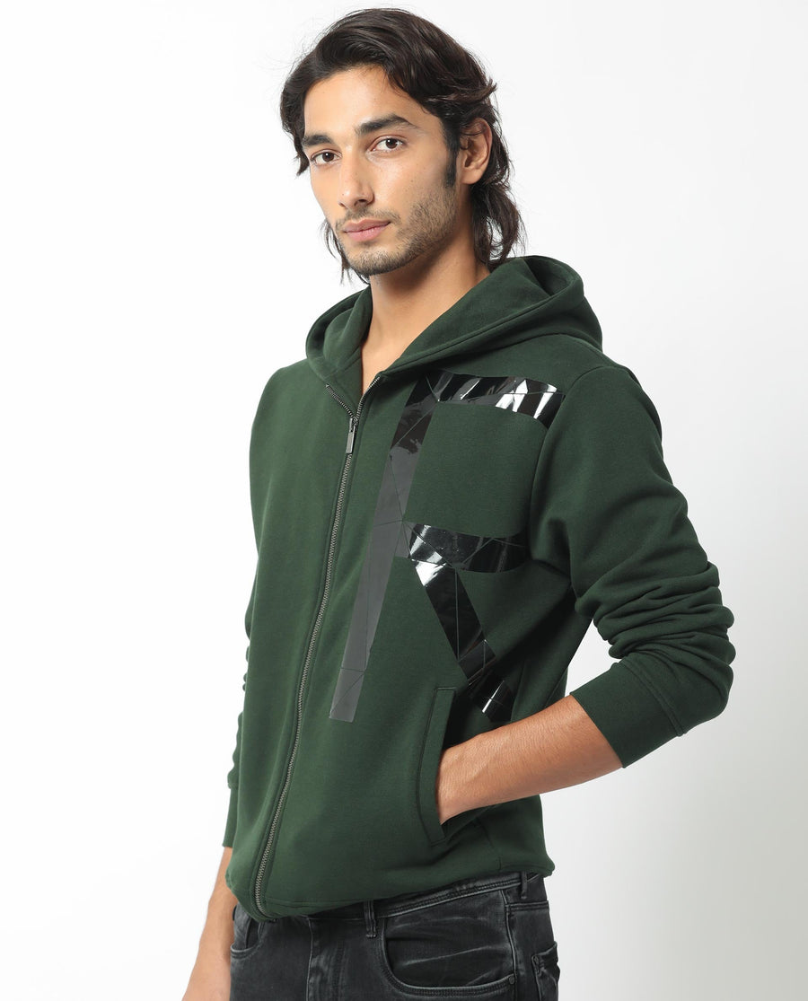 Rare Rabbit Men's Kaden Green Cotton Graphic Print Regular Fit Full Sleeve Hooded Sweatshirt