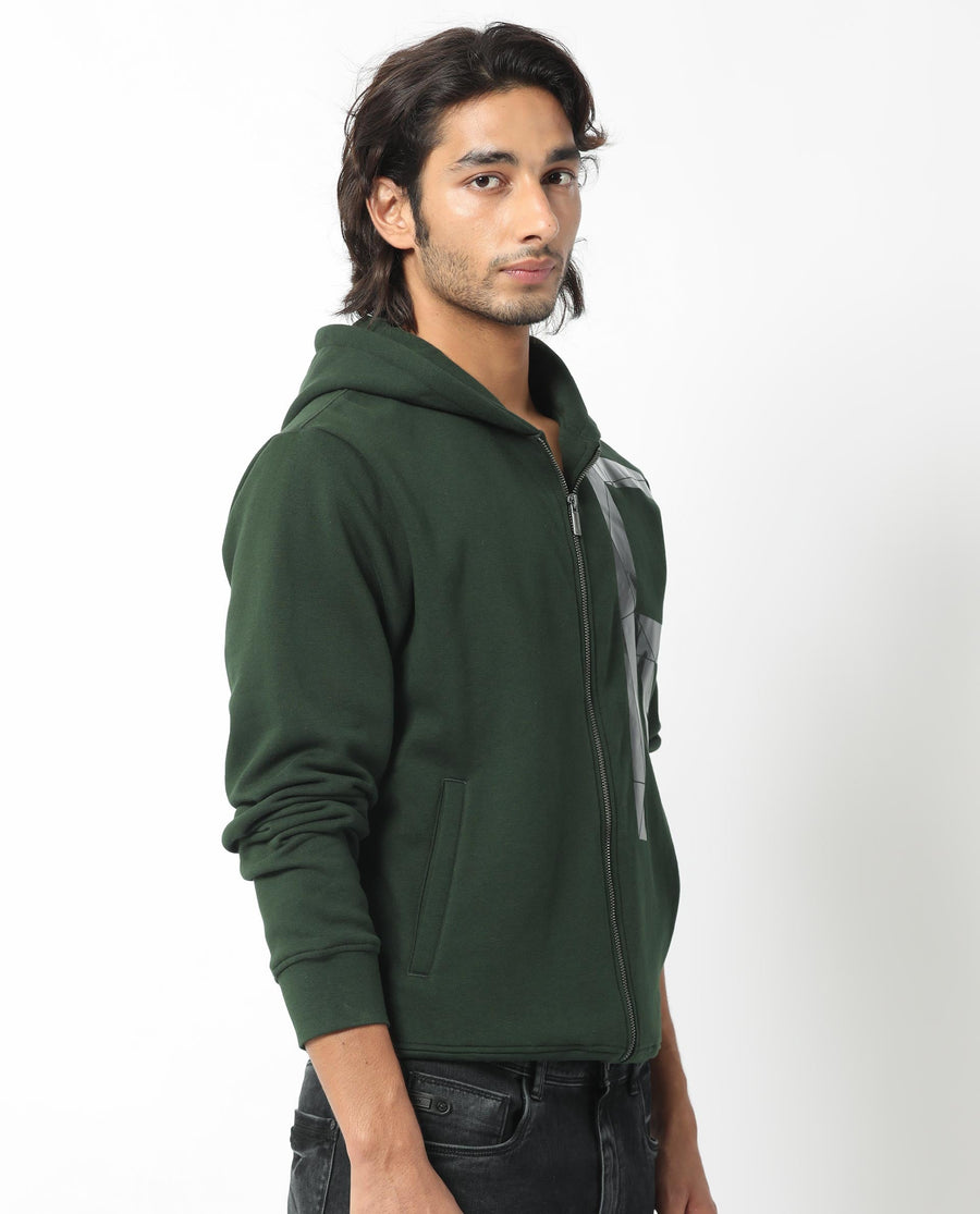 Rare Rabbit Men's Kaden Green Cotton Graphic Print Regular Fit Full Sleeve Hooded Sweatshirt
