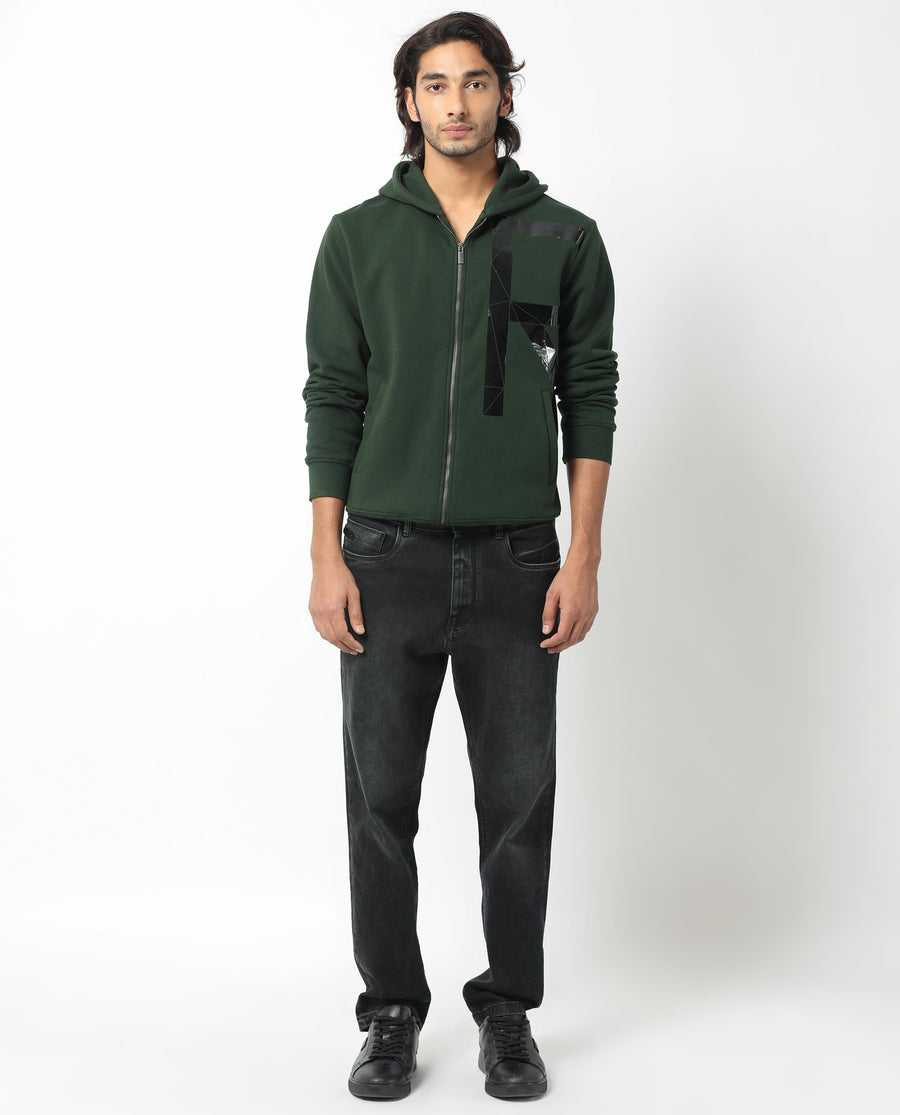 Rare Rabbit Men's Kaden Green Cotton Graphic Print Regular Fit Full Sleeve Hooded Sweatshirt