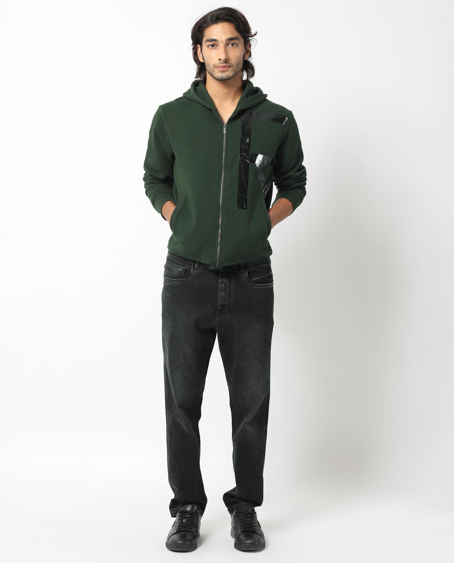 Rare Rabbit Men's Kaden Green Cotton Graphic Print Regular Fit Full Sleeve Hooded Sweatshirt