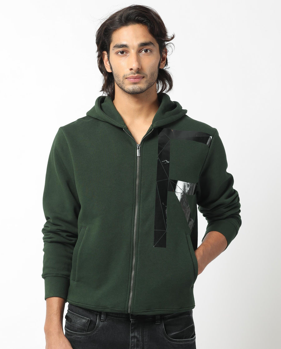 Rare Rabbit Men's Kaden Green Cotton Graphic Print Regular Fit Full Sleeve Hooded Sweatshirt