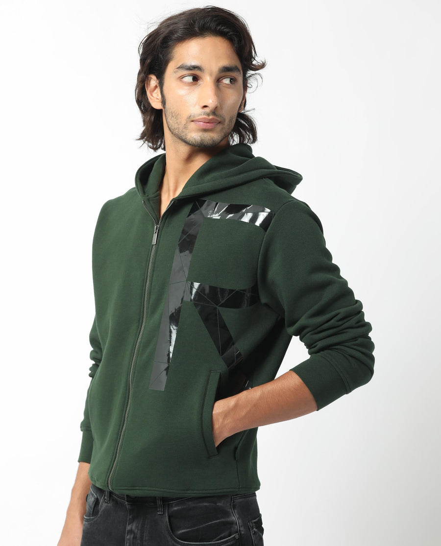 Rare Rabbit Men's Kaden Green Cotton Graphic Print Regular Fit Full Sleeve Hooded Sweatshirt