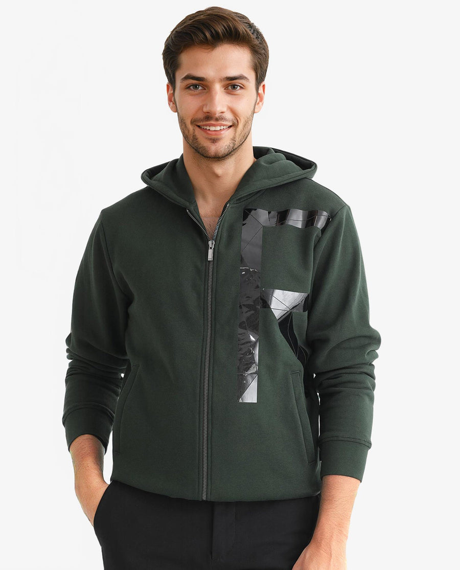 Rare Rabbit Men's Kaden Green Cotton Graphic Print Regular Fit Full Sleeve Hooded Sweatshirt