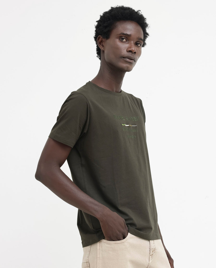 Rare Rabbit Men's Kael Olive Cotton Blend Graphic Print Regular Fit Half Sleeve Crew Neck T-Shirt