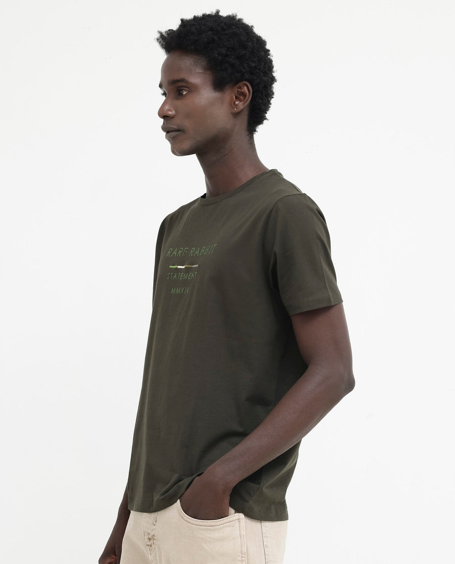 Rare Rabbit Men's Kael Olive Cotton Blend Graphic Print Regular Fit Half Sleeve Crew Neck T-Shirt