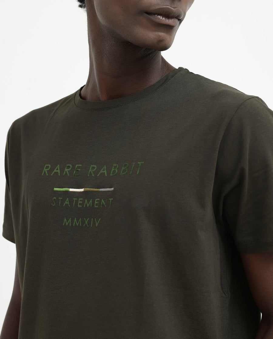 Rare Rabbit Men's Kael Olive Cotton Blend Graphic Print Regular Fit Half Sleeve Crew Neck T-Shirt
