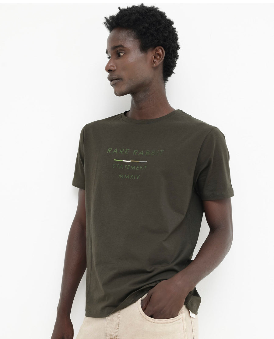 Rare Rabbit Men's Kael Olive Cotton Blend Graphic Print Regular Fit Half Sleeve Crew Neck T-Shirt