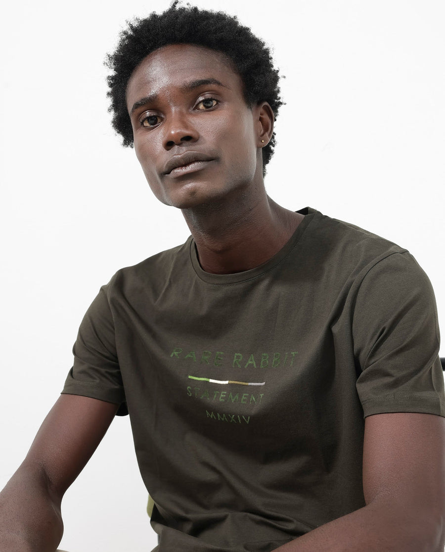 Rare Rabbit Men's Kael Olive Cotton Blend Graphic Print Regular Fit Half Sleeve Crew Neck T-Shirt