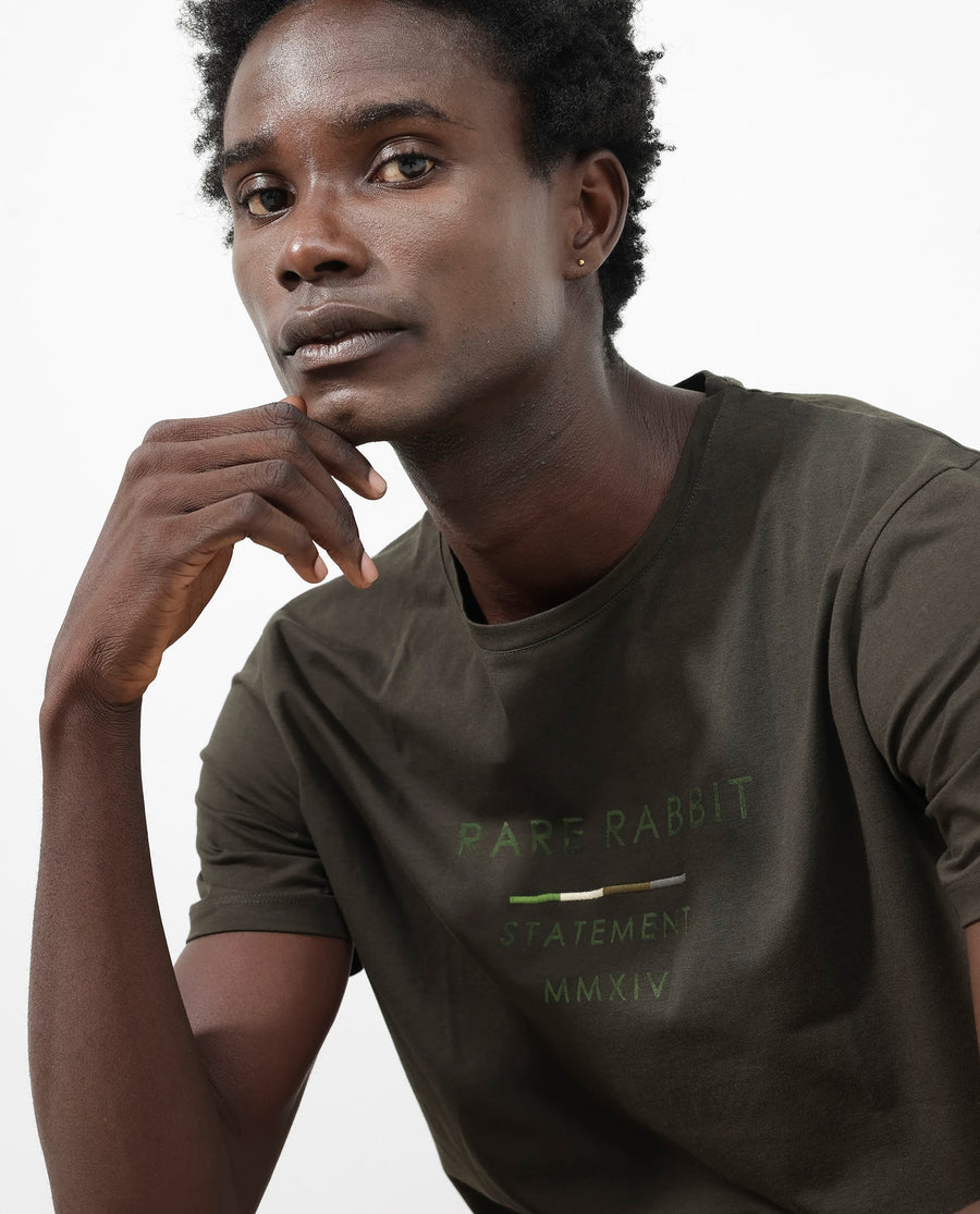 Rare Rabbit Men's Kael Olive Cotton Blend Graphic Print Regular Fit Half Sleeve Crew Neck T-Shirt