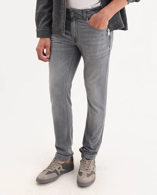 Rare Rabbit Men's Kairo-2 Grey Cotton Fabric Kurt Carrot Plain Jeans