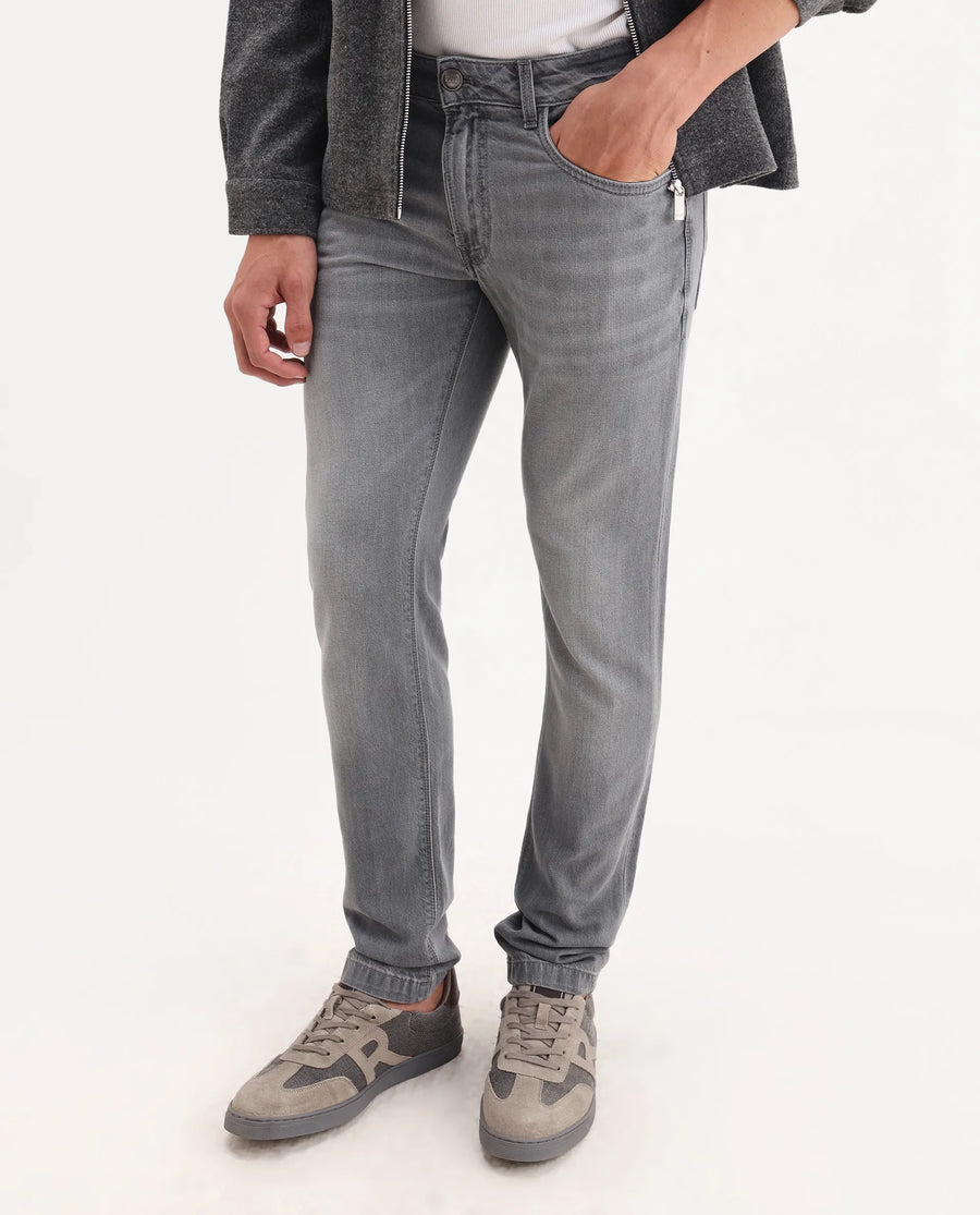 Rare Rabbit Men's Kairo-2 Grey Cotton Fabric Kurt Carrot Plain Jeans