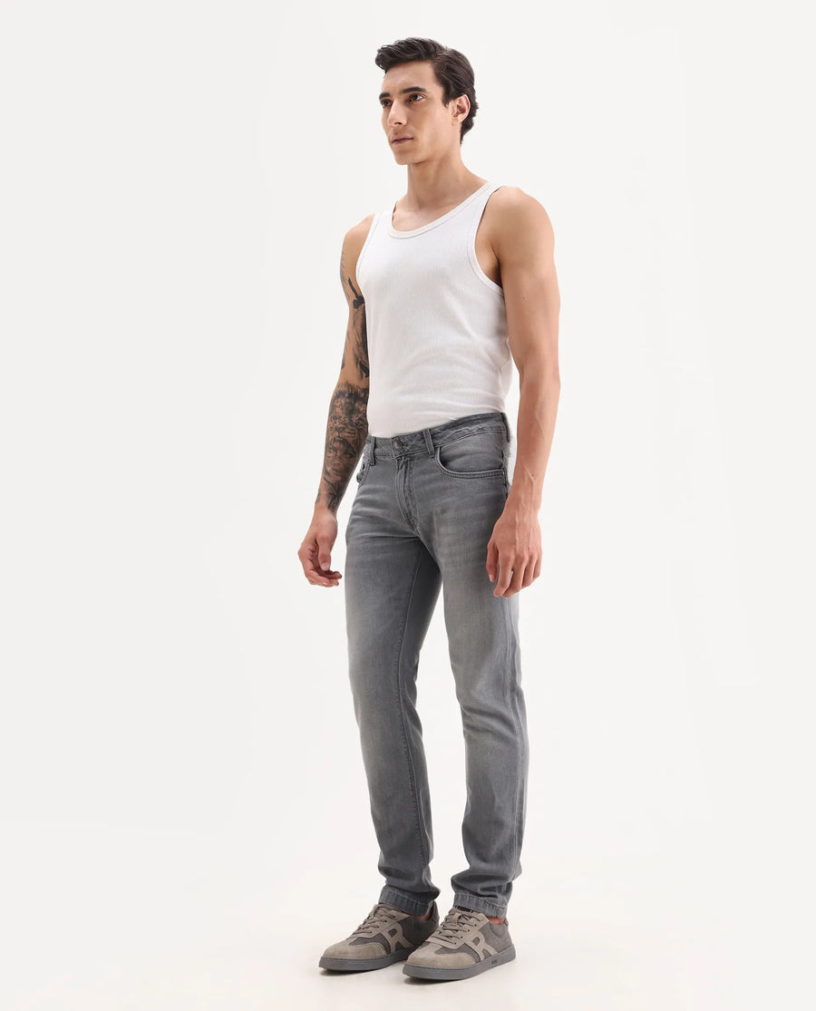 Rare Rabbit Men's Kairo-2 Grey Cotton Fabric Kurt Carrot Plain Jeans