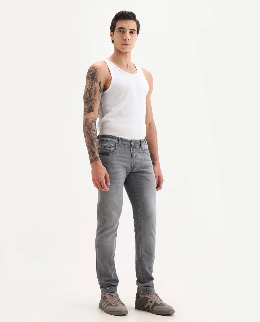Rare Rabbit Men's Kairo-2 Grey Cotton Fabric Kurt Carrot Plain Jeans