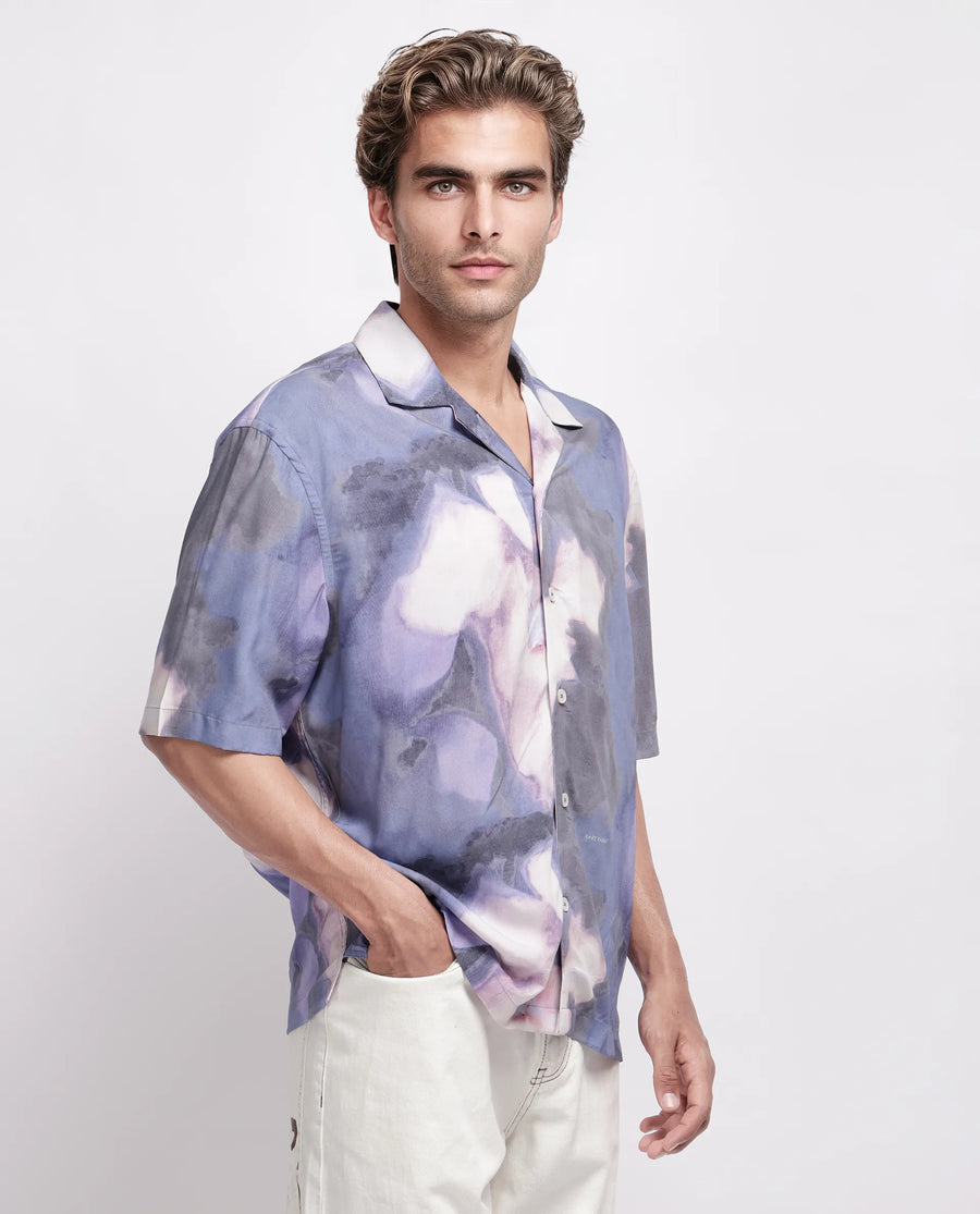 Rare Rabbit Men's Kaito Light Purple Viscose Abstract Print Boxy Fit Half Sleeve Cuban Collar Shirt