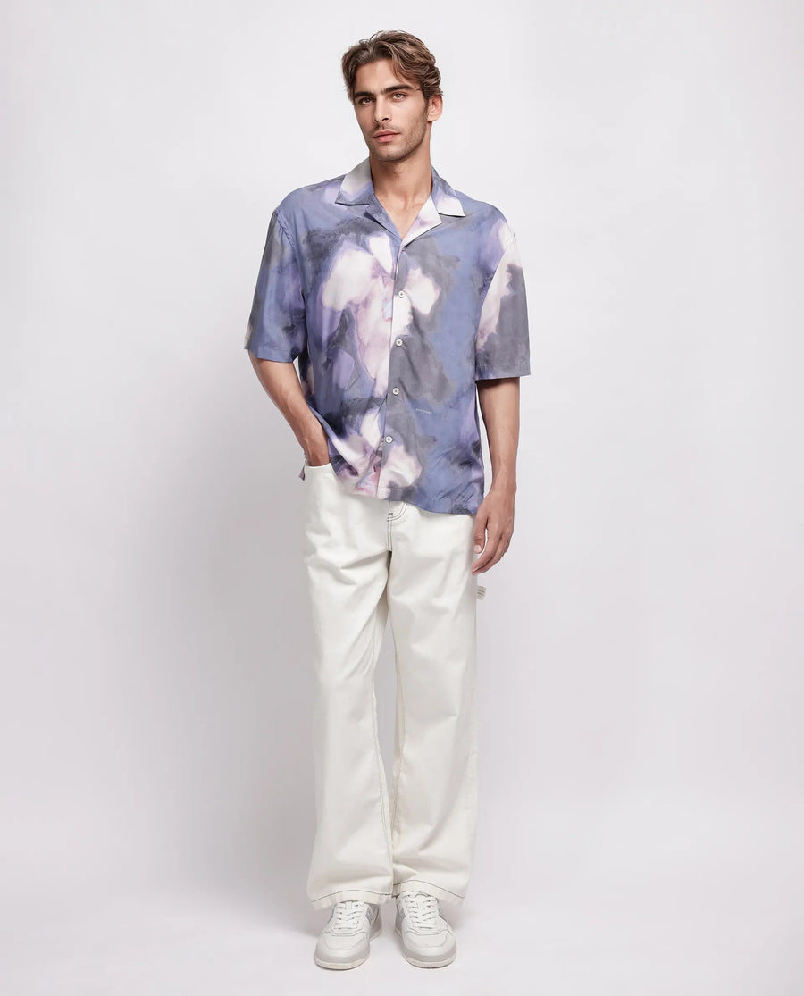 Rare Rabbit Men's Kaito Light Purple Viscose Abstract Print Boxy Fit Half Sleeve Cuban Collar Shirt