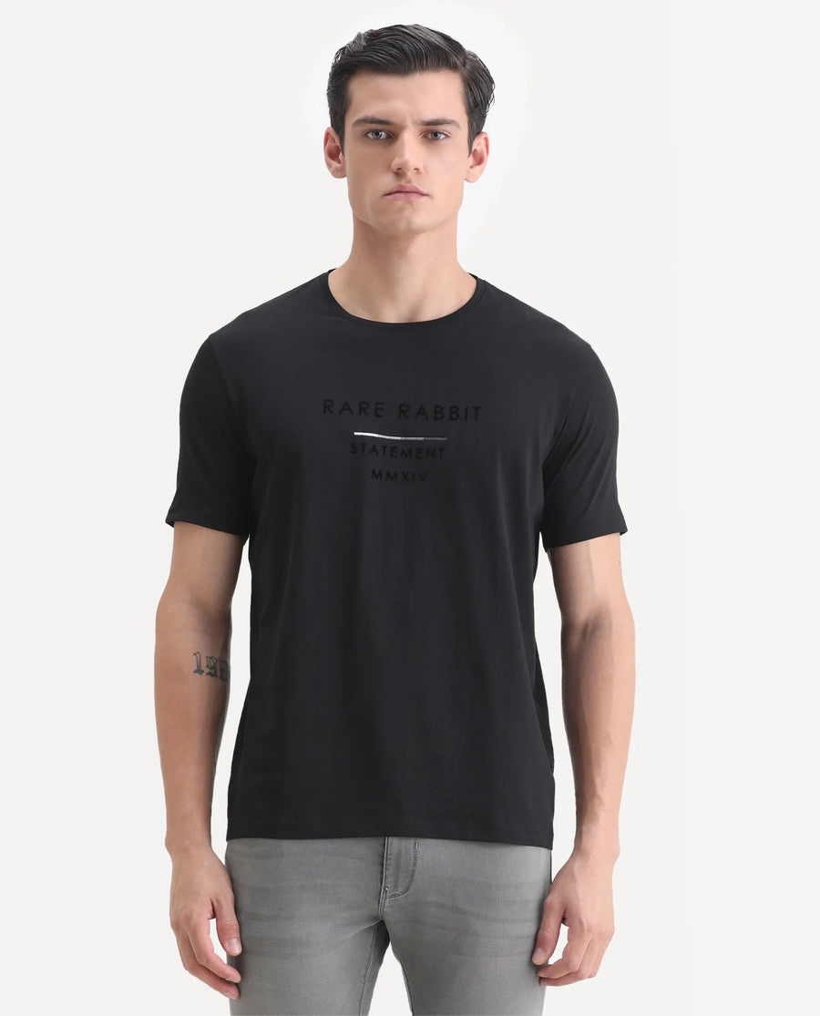 Rare Rabbit Men's Kalo Black Cotton Blend Graphic Print Regular Fit Half Sleeve Crew Neck T-Shirt