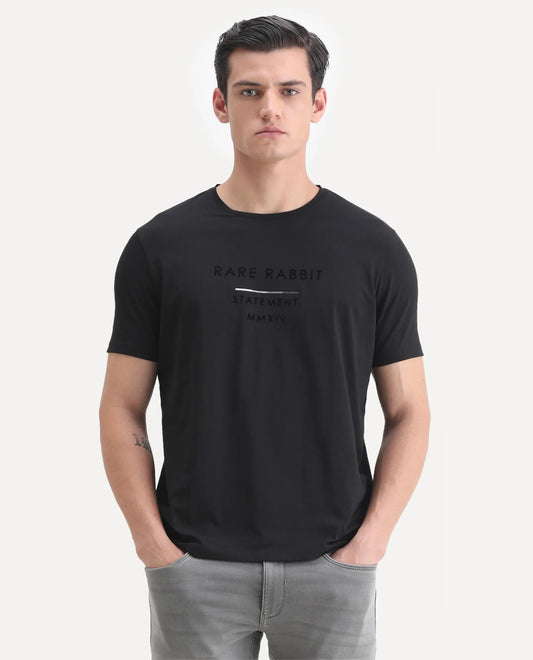 Rare Rabbit Men's Kalo Black Cotton Blend Graphic Print Regular Fit Half Sleeve Crew Neck T-Shirt