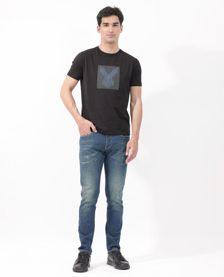 Rare Rabbit Men's Kalon Black Cotton Blend Graphic Print Regular Fit Half Sleeve Crew Neck T-Shirt
