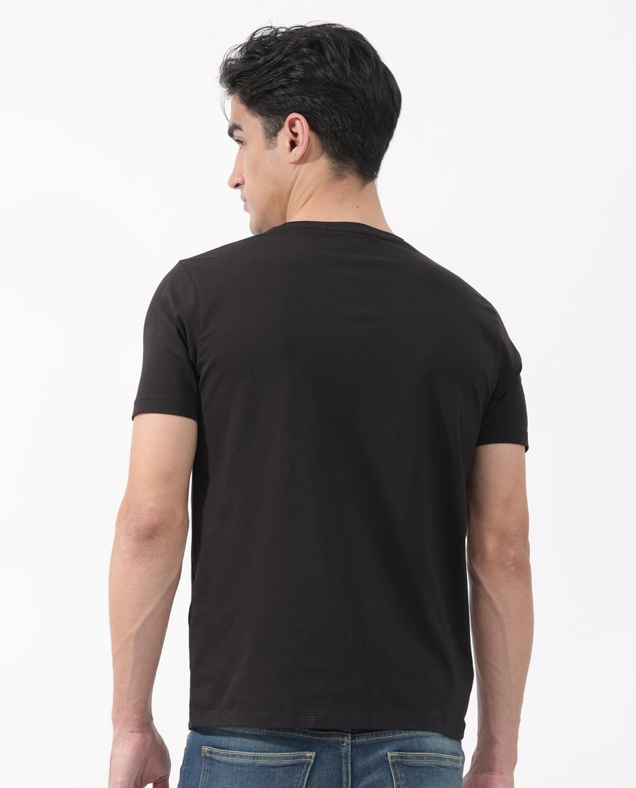 Rare Rabbit Men's Kalon Black Cotton Blend Graphic Print Regular Fit Half Sleeve Crew Neck T-Shirt