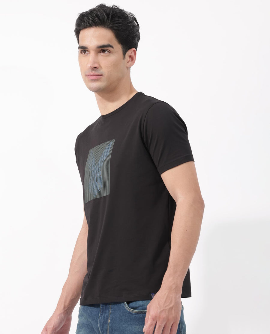 Rare Rabbit Men's Kalon Black Cotton Blend Graphic Print Regular Fit Half Sleeve Crew Neck T-Shirt