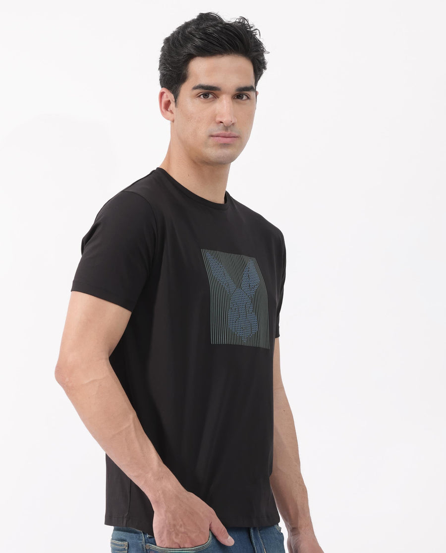 Rare Rabbit Men's Kalon Black Cotton Blend Graphic Print Regular Fit Half Sleeve Crew Neck T-Shirt