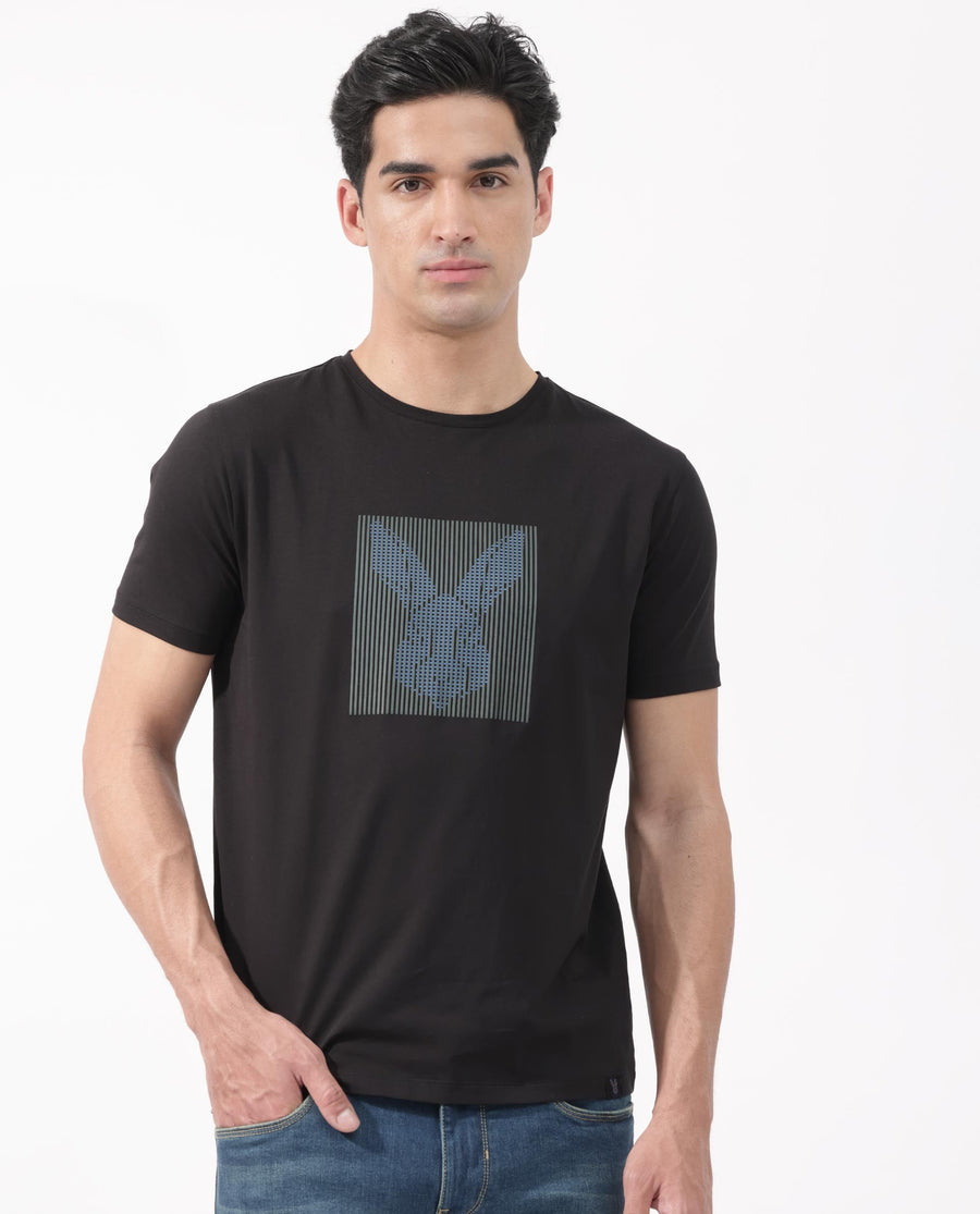 Rare Rabbit Men's Kalon Black Cotton Blend Graphic Print Regular Fit Half Sleeve Crew Neck T-Shirt