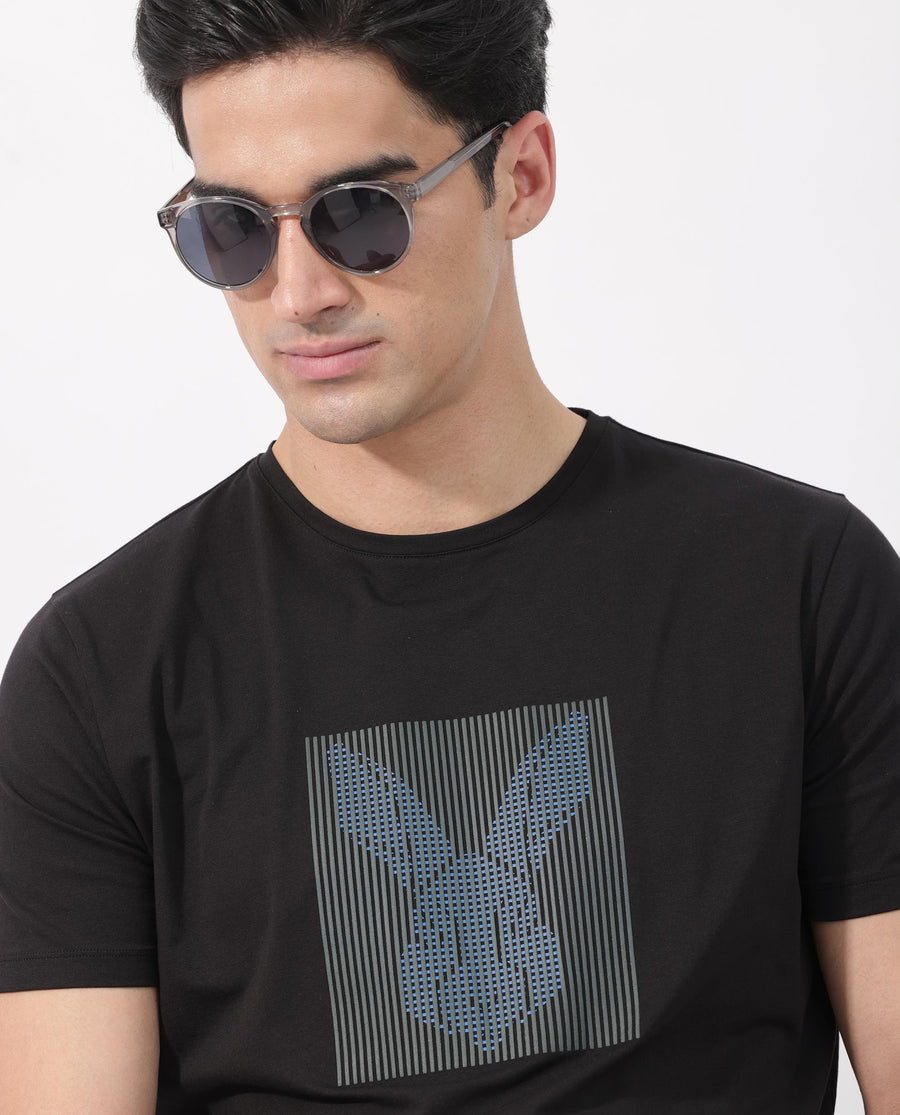 Rare Rabbit Men's Kalon Black Cotton Blend Graphic Print Regular Fit Half Sleeve Crew Neck T-Shirt