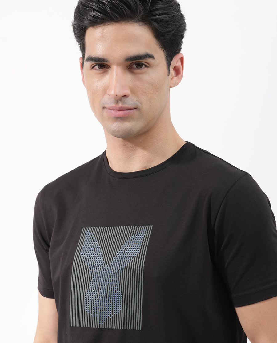 Rare Rabbit Men's Kalon Black Cotton Blend Graphic Print Regular Fit Half Sleeve Crew Neck T-Shirt