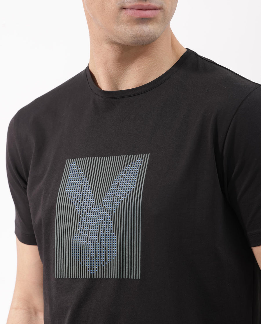 Rare Rabbit Men's Kalon Black Cotton Blend Graphic Print Regular Fit Half Sleeve Crew Neck T-Shirt