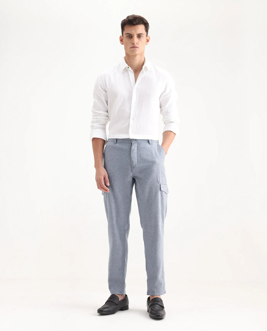 Rare Rabbit Men's Kalor Blue Cotton Plain Regular Fit Trouser