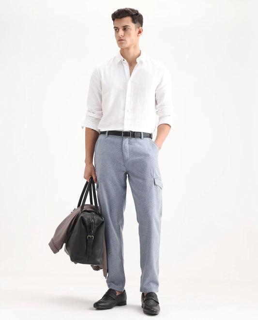 Rare Rabbit Men's Kalor Blue Cotton Plain Regular Fit Trouser