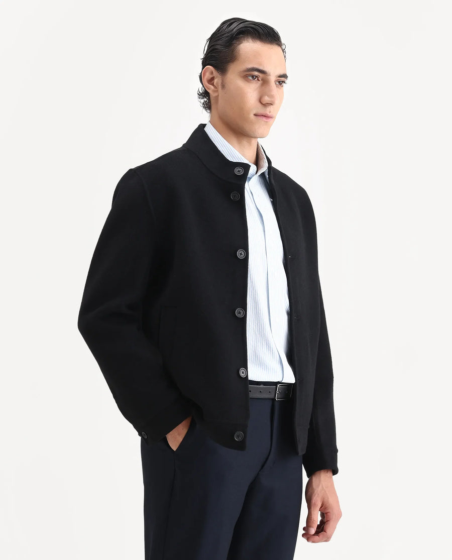 Rare Rabbit Men's Kaneo Black Polyester Blend Fabric High Neck Regular Plain Jacket