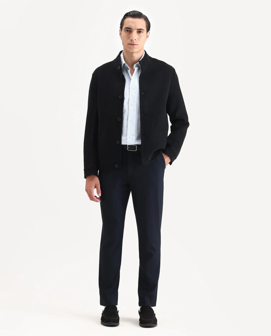 Rare Rabbit Men's Kaneo Black Polyester Blend Fabric High Neck Regular Plain Jacket