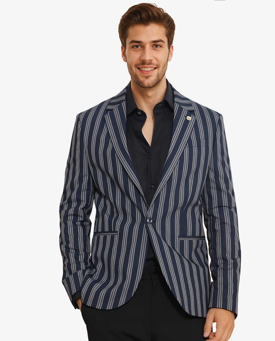 Rare Rabbit Men's Kano Navy Cotton Striped Print Tailored Fit Full Sleeve Lapel Neck Blazer