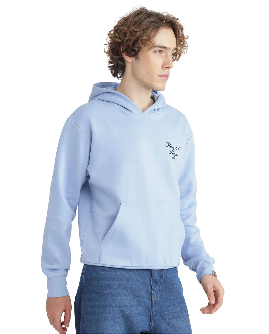 Rare Rabbit Men's Kant Light Blue Cotton Blend Graphic Print Boxy Fit Full Sleeve Hooded Sweatshirt