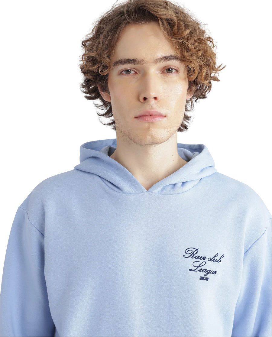 Rare Rabbit Men's Kant Light Blue Cotton Blend Graphic Print Boxy Fit Full Sleeve Hooded Sweatshirt