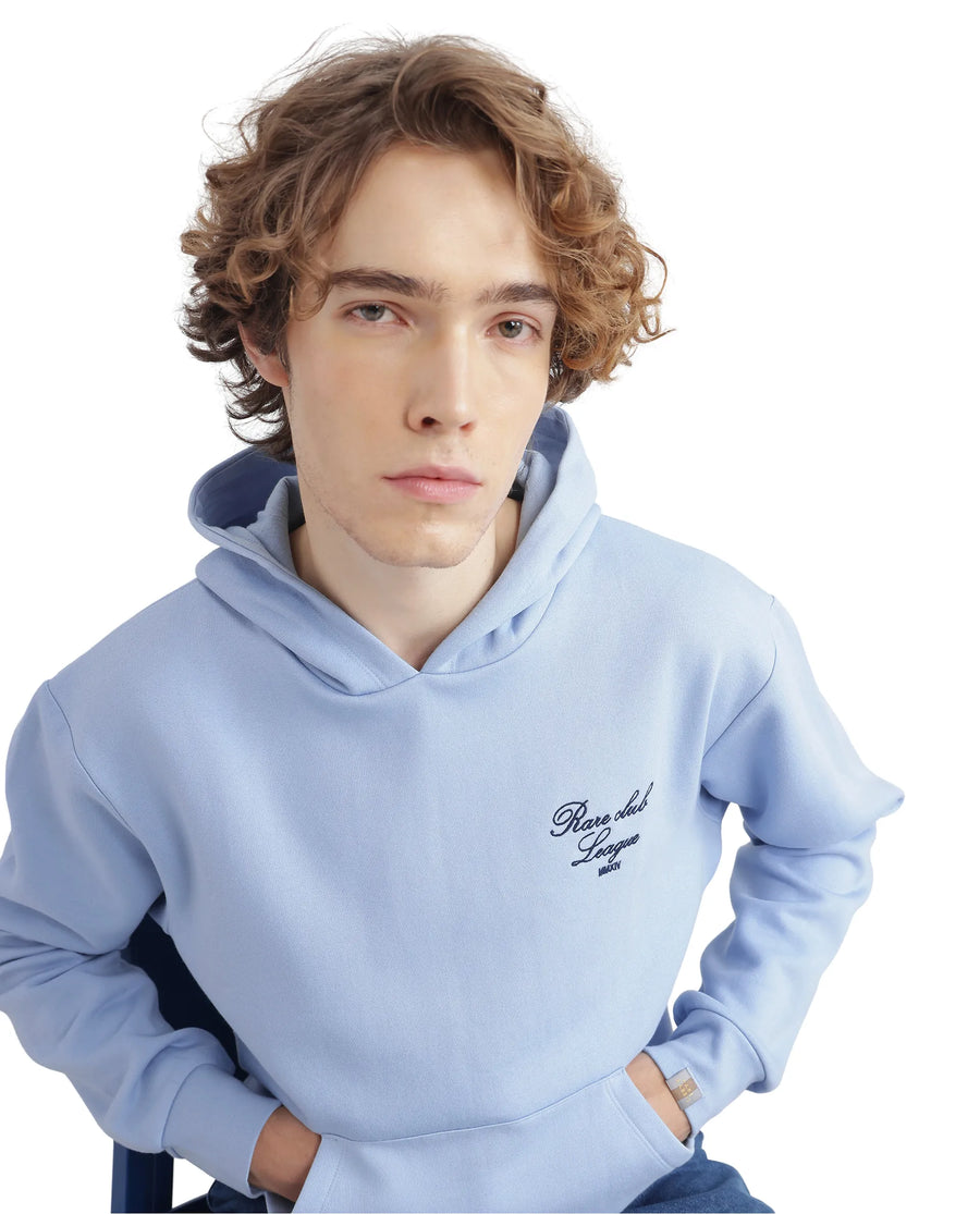 Rare Rabbit Men's Kant Light Blue Cotton Blend Graphic Print Boxy Fit Full Sleeve Hooded Sweatshirt