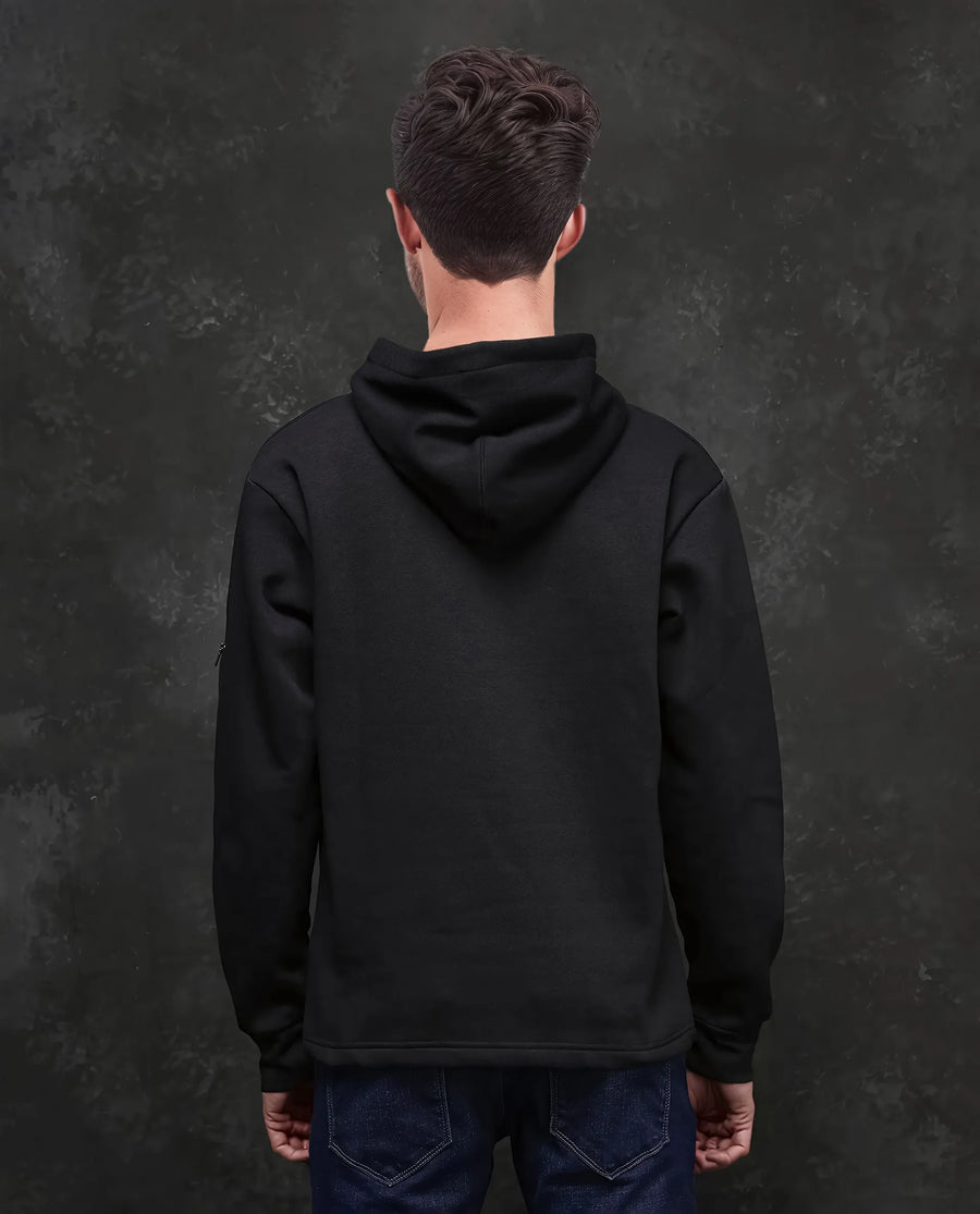 Rare Rabbit Men's Karon Black Cotton Label Print Regular Fit Full Sleeve Hooded Sweatshirt