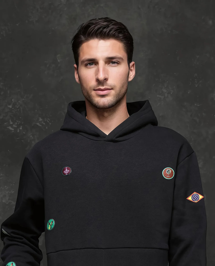 Rare Rabbit Men's Karon Black Cotton Label Print Regular Fit Full Sleeve Hooded Sweatshirt