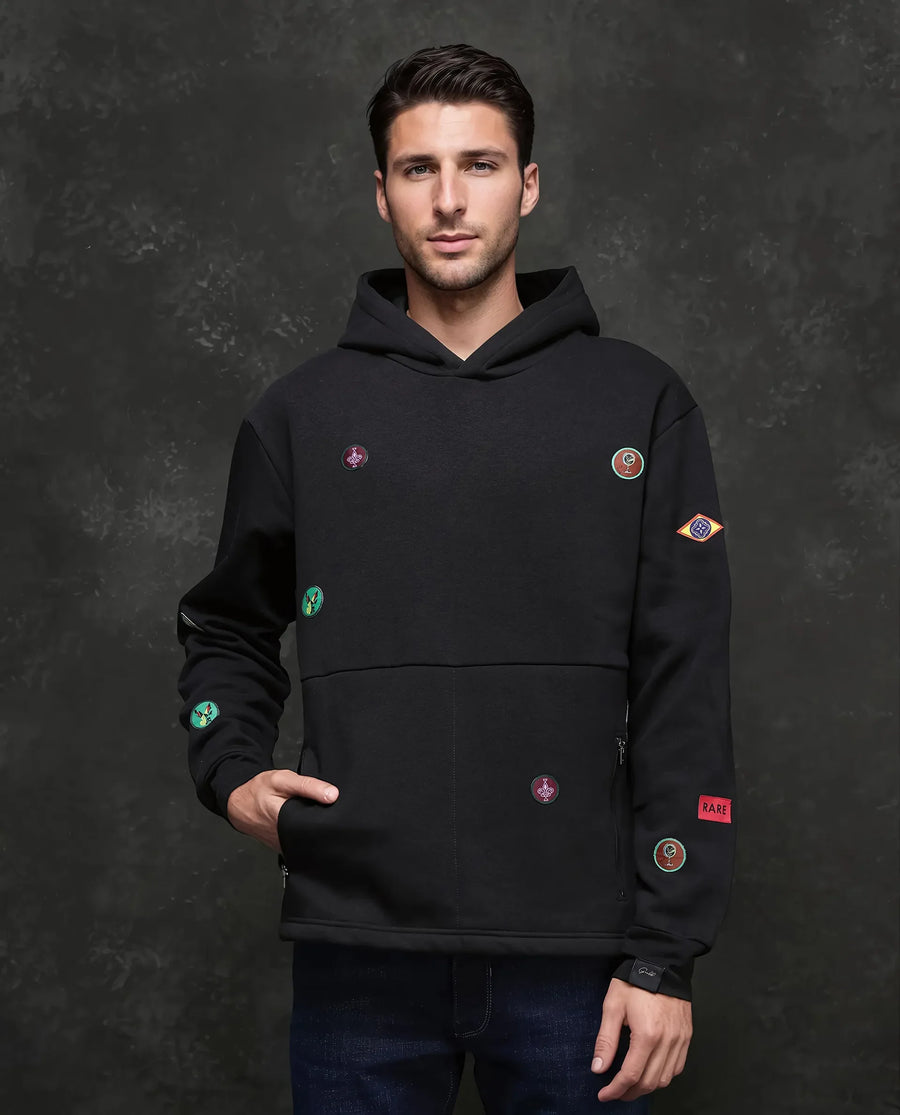 Rare Rabbit Men's Karon Black Cotton Label Print Regular Fit Full Sleeve Hooded Sweatshirt