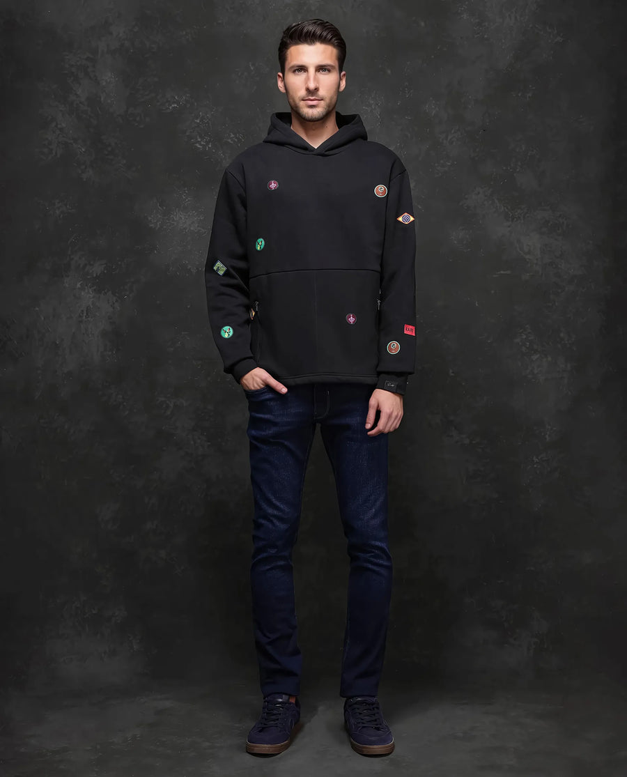 Rare Rabbit Men's Karon Black Cotton Label Print Regular Fit Full Sleeve Hooded Sweatshirt