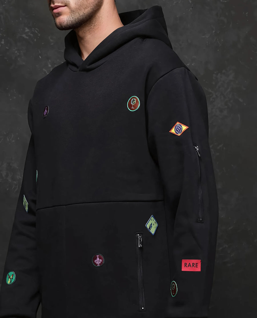 Rare Rabbit Men's Karon Black Cotton Label Print Regular Fit Full Sleeve Hooded Sweatshirt